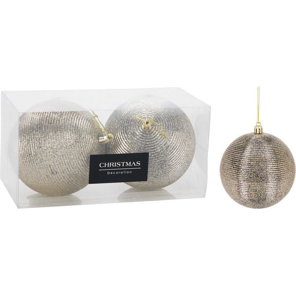 Christmas Ridged Glitter Tree Bauble Set | 2 Pieces, 100mm, Gold