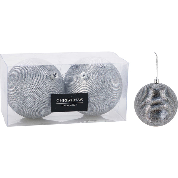 Christmas Glitter Ridged Bauble Set | 10cm, Silver, 2 Pieces