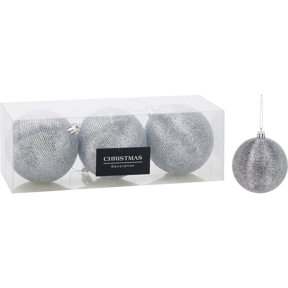 Christmas Silver Glittery Ribbed Bauble Set | Pack of 3, 80 mm, Presentation Box