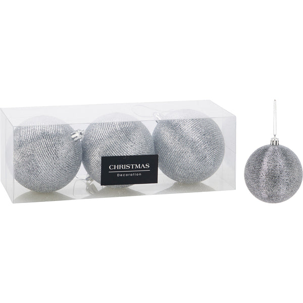 Christmas Silver Glittery Ribbed Bauble Set | Pack of 3, 80 mm, Presentation Box