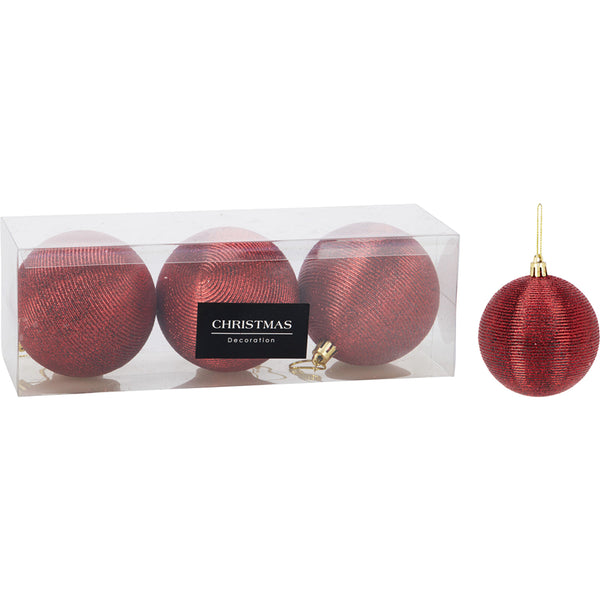 Christmas Red Ribbed Glitter Baubles | 8cm, Pack of 3, Hanging Loop