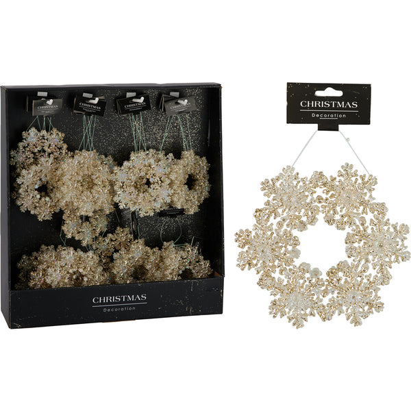 Christmas Hanging Snowflake Wreath | Champagne, Glitter Finish, Hanging Loop