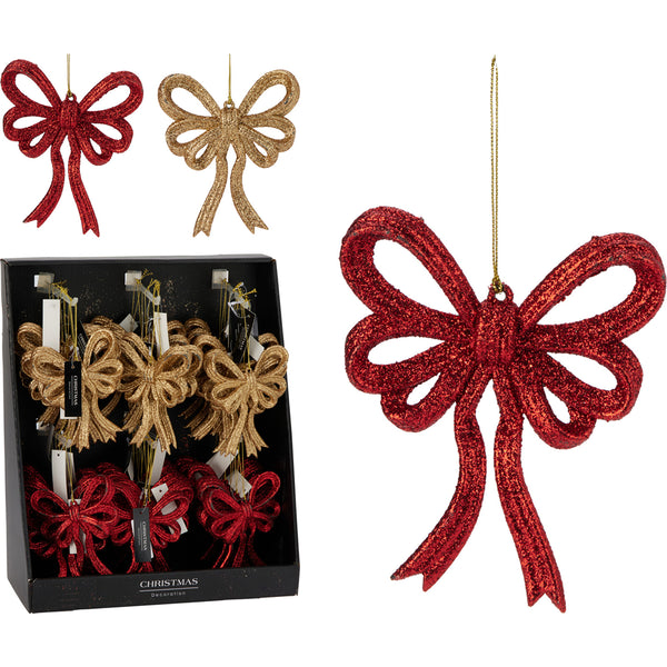 Christmas Glitter Bow Hanging Ornament Tree Decoration | 13cm, Red or Gold