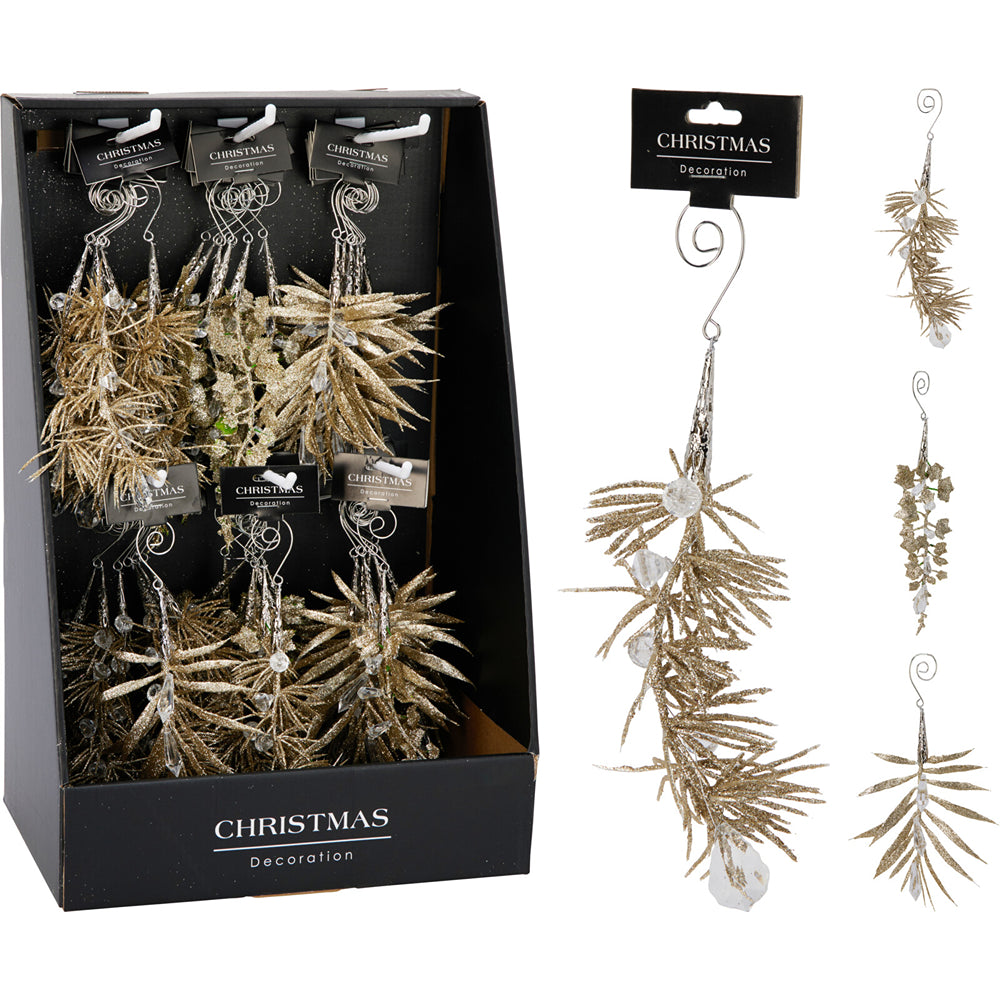 Christmas Glitter Leaf Hanging Decoration | Champagne, 18cm