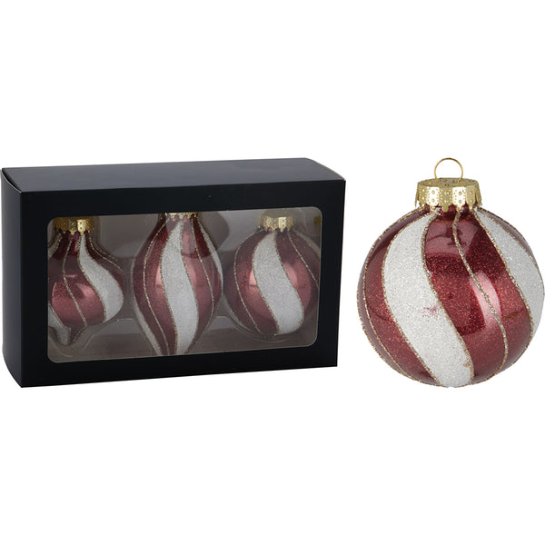 Christmas Glitter Spiral Stripe Tree Ornaments Set | 3 Pieces, Red and White