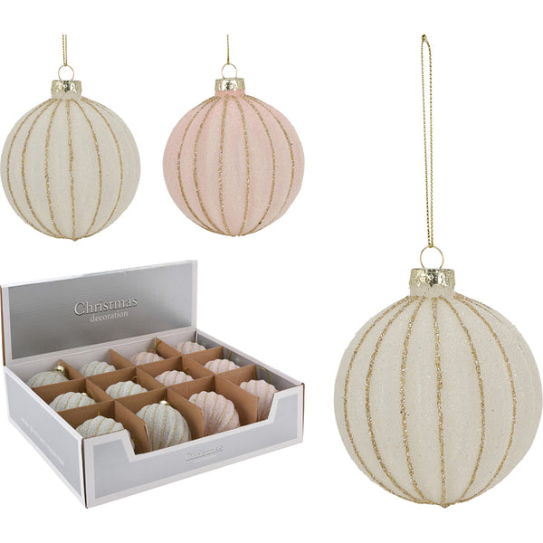 Christmas Ribbed Frosted Glass Bauble with Gold Glitter | Pastel Shades
