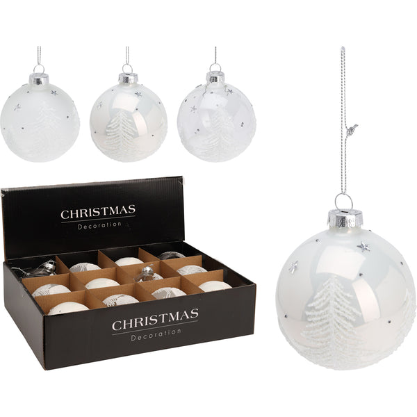 Christmas Pearl-White Glass Christmas Tree Bauble | Snowy Tree Texture, 8cm