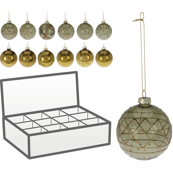 Christmas Green and Gold Glitter Bauble | 80 mm, Assorted Designs, Shiny Finish