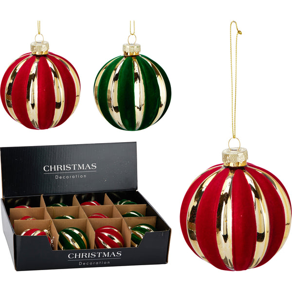 Christmas Striped Ribbed Tree Bauble Ornament | 8 cm, Red or Green, Gold Cap
