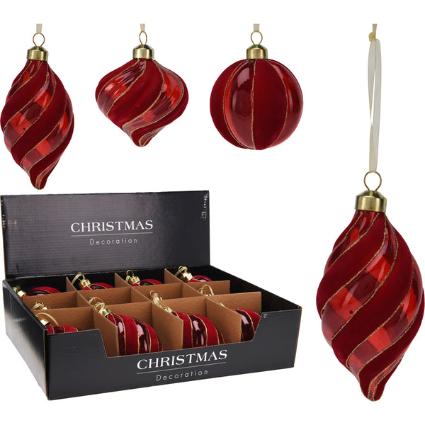 Christmas Red Velvet Glass Baubles | 8 cm, Assorted Shapes, Gold Glitter