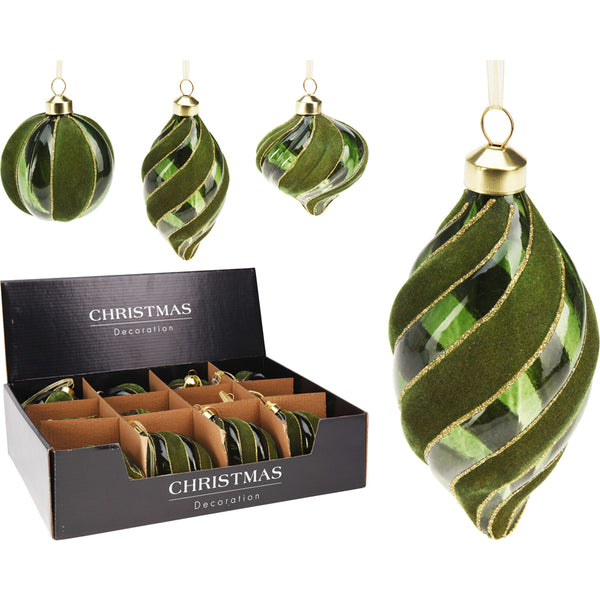 Christmas Green Velvet Glass Bauble | 8 cm, Glitter Edging, Assorted Shapes