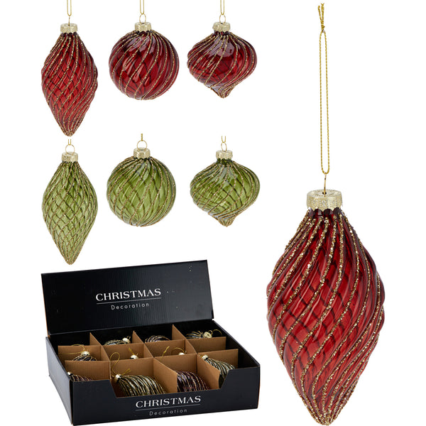 Christmas Gold Glitter Trim Glass Bauble | 8cm, Red and Green, Assorted Shapes