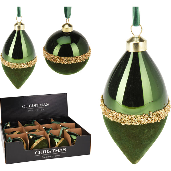 Christmas Green Glass Tree Bauble | 8 cm, Velvet-Effect, Gold Beaded Band