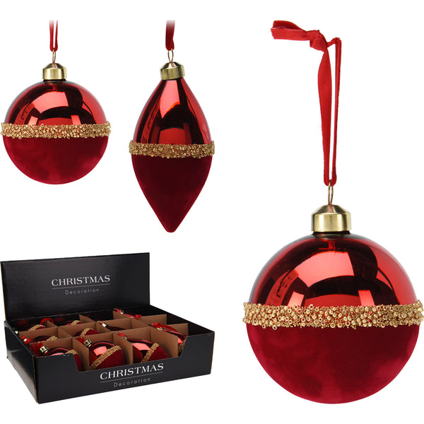 Christmas Red Two-Tone Velvet-Effect Glass Bauble | 8cm, Gold Beaded Trim