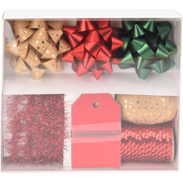 Christmas Bow and Ribbon Gift Wrapping Set | 7 Pieces, Gift Tags & Tinsel Fringe