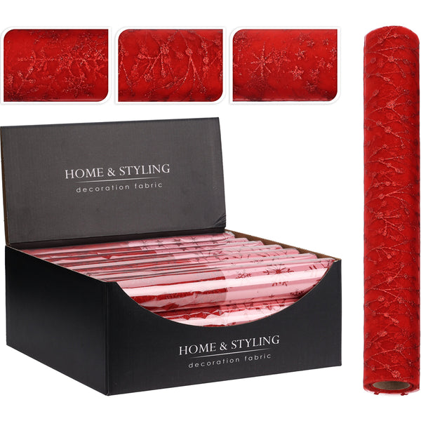 Christmas Glitter Vine & Star Decorative Fabric Roll | 500 x 30cm, Red, Sheer