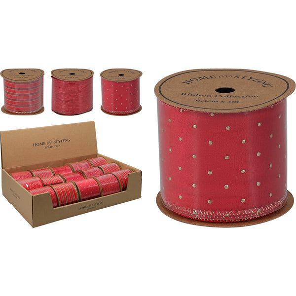 Christmas Red Gold Trim Wired Edge Ribbon | 6.3 cm x 3 m, Assorted Designs