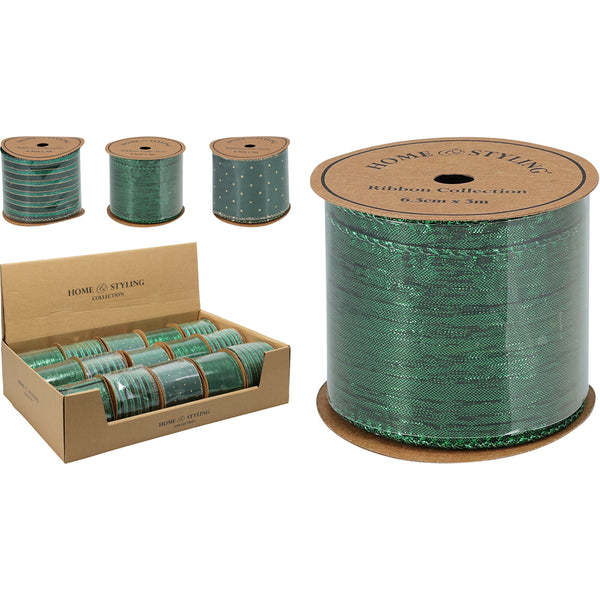 Christmas Emerald Green Wired Edge Ribbon | 6.3 cm width, assorted designs