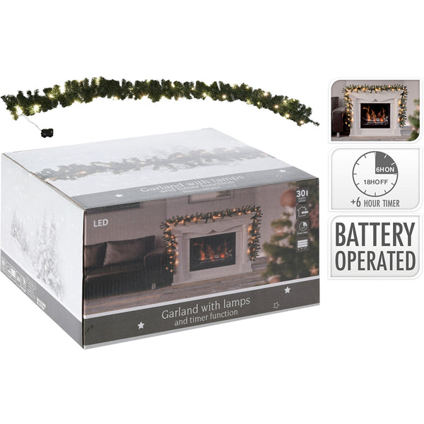 Christmas Battery-Operated LED Garland | 270cm, 30 Warm White LEDs, 6-Hour Timer