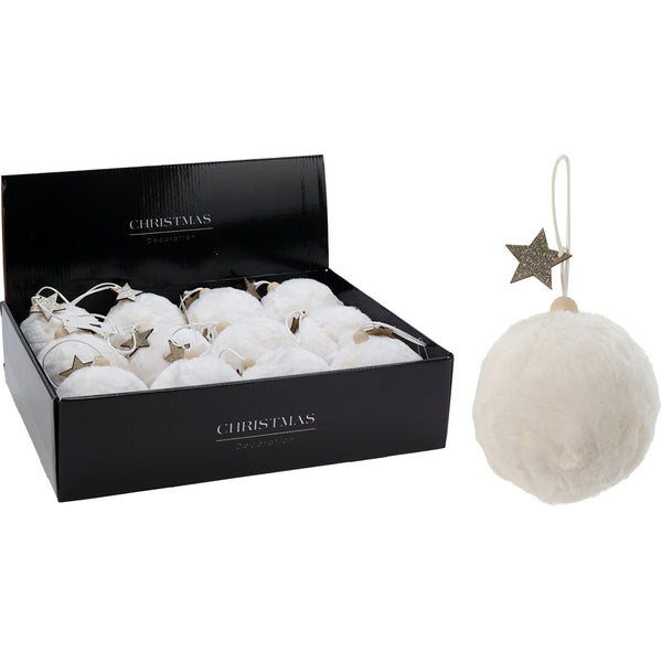 Christmas Faux Fur Tree Bauble | White, 10cm, Glitter Star, Wooden Bead