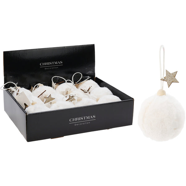 Christmas Faux Fur Bauble | White, 8cm, Wooden Bead, Glitter Star Charm