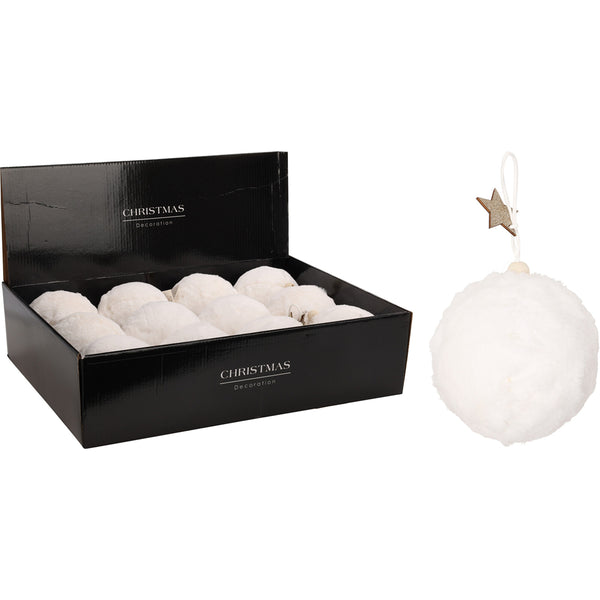Christmas Soft Faux Fur Bauble | White, 12cm, Wooden Star, Hanging Loop