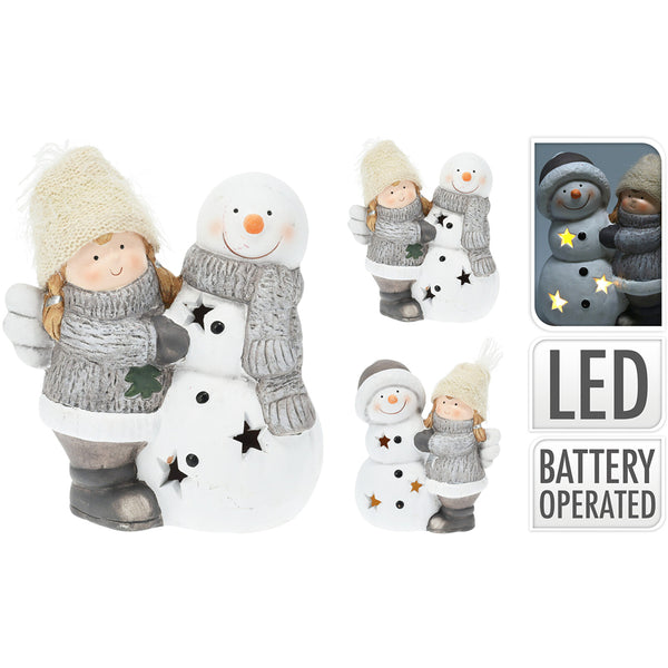 Christmas Angel with Snowman LED Figurine | 17cm, Battery Operated, Warm White