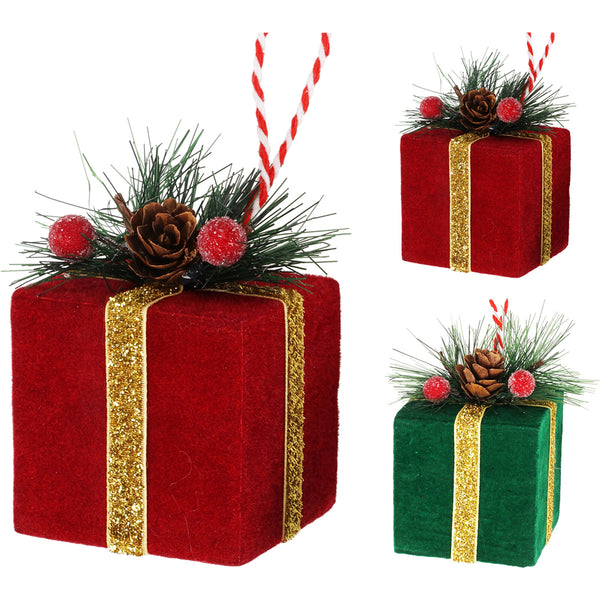 Christmas Velvet Gift Box Tree Ornament | Red/Green, Pinecone and Berries, 6cm