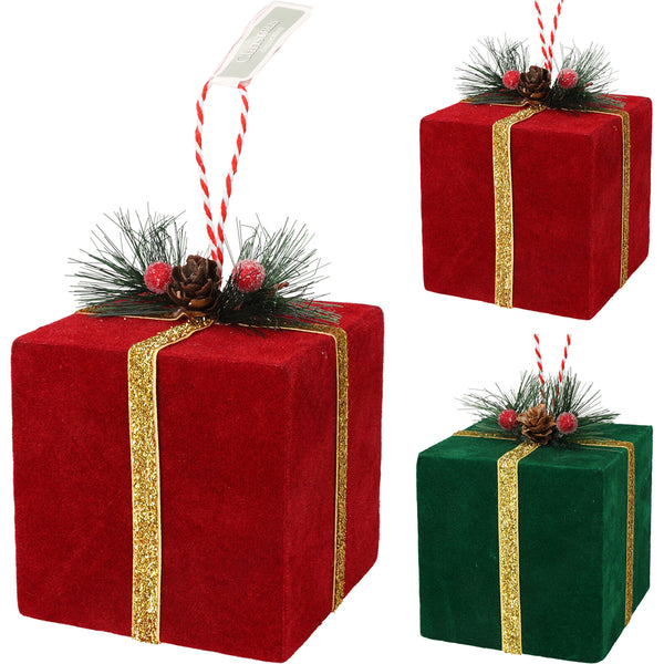 Christmas Present Hanging Tree Ornament | 10 x 10cm, Assorted Red or Green