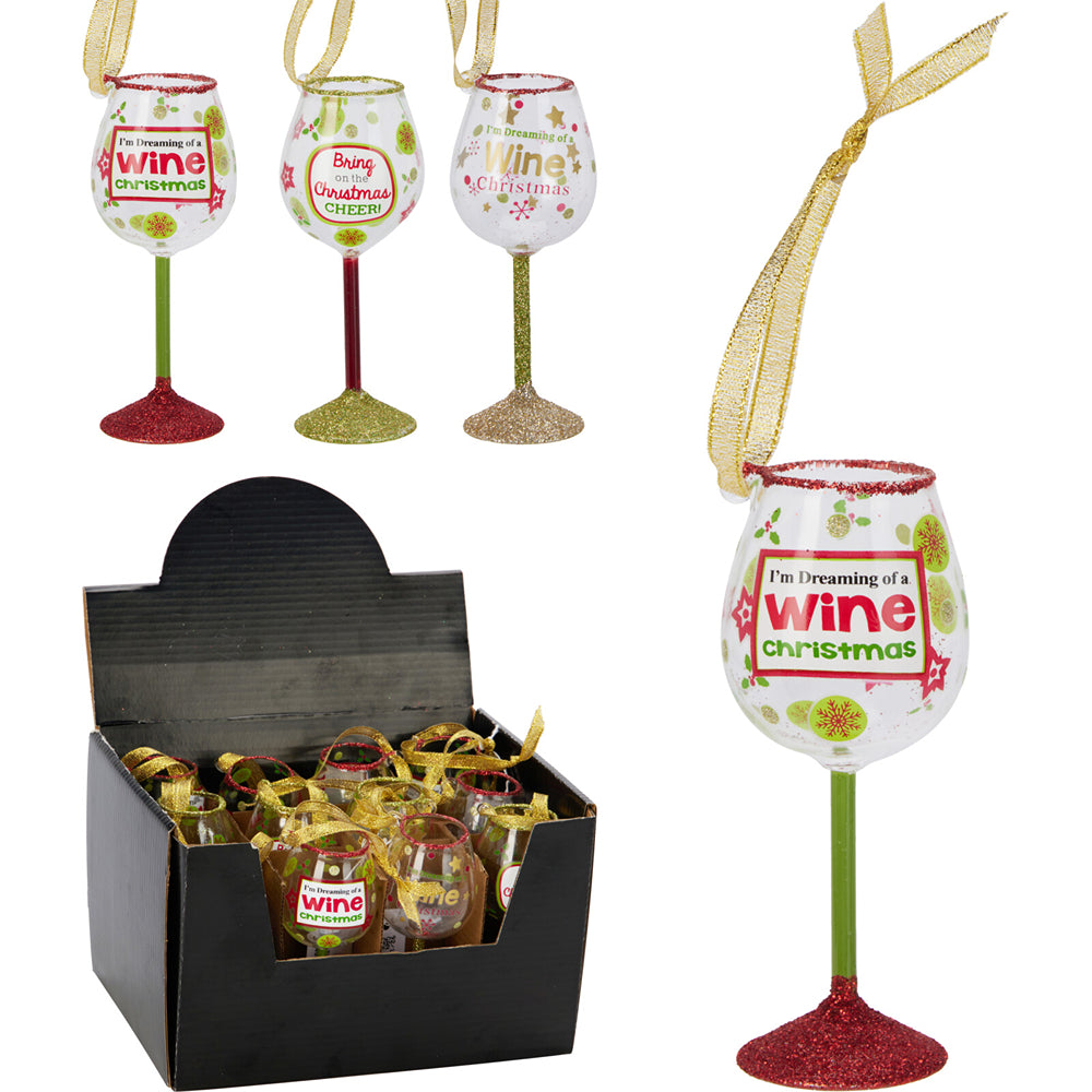Christmas Wine Glass Hanging Ornament | 10cm, Assorted Designs, Festive Sayings