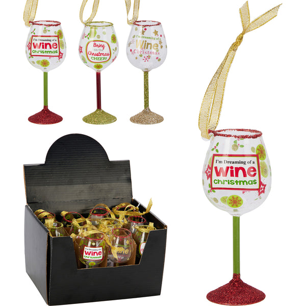 Christmas Wine Glass Hanging Ornament | 10cm, Assorted Designs, Festive Sayings