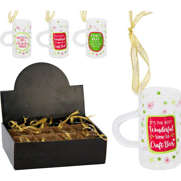 Christmas Beer Mug Hanging Tree Ornament | 7 cm, Gold Ribbon, Assorted Designs