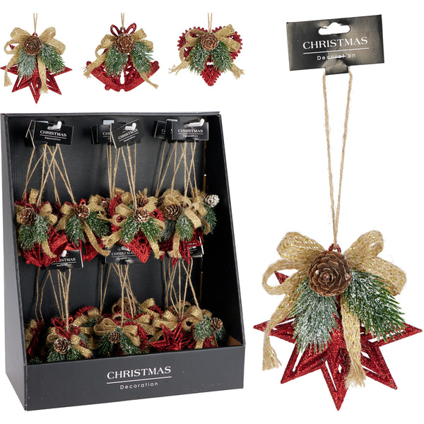 Christmas Red Glitter Star Bow Hanging Ornament | 11 cm, Assorted Designs