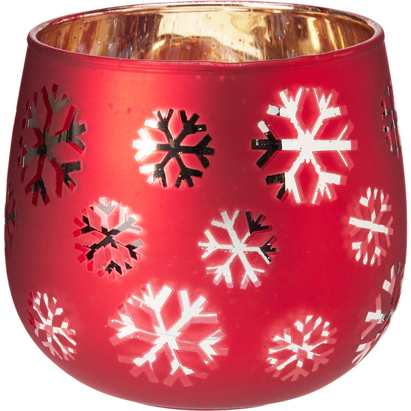 Christmas Frosted Red Snowflake Tealight Holder | 12cm, Gold Lining, Glass