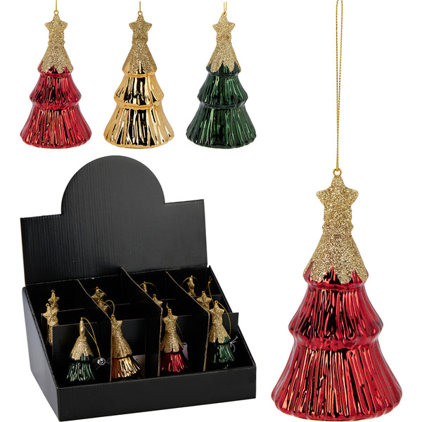 Christmas Tree Hanging Decoration | 13cm, ribbed, star topper, assorted colours
