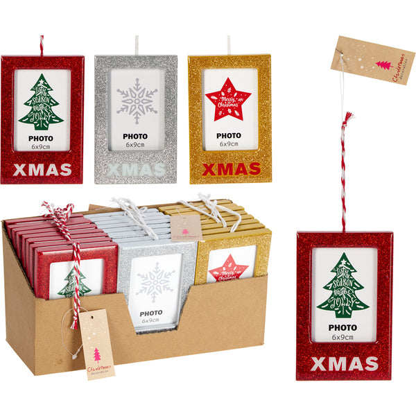 Christmas Glitter Photo Frame Hanging Decoration | 6 x 9 cm, Assorted Colours
