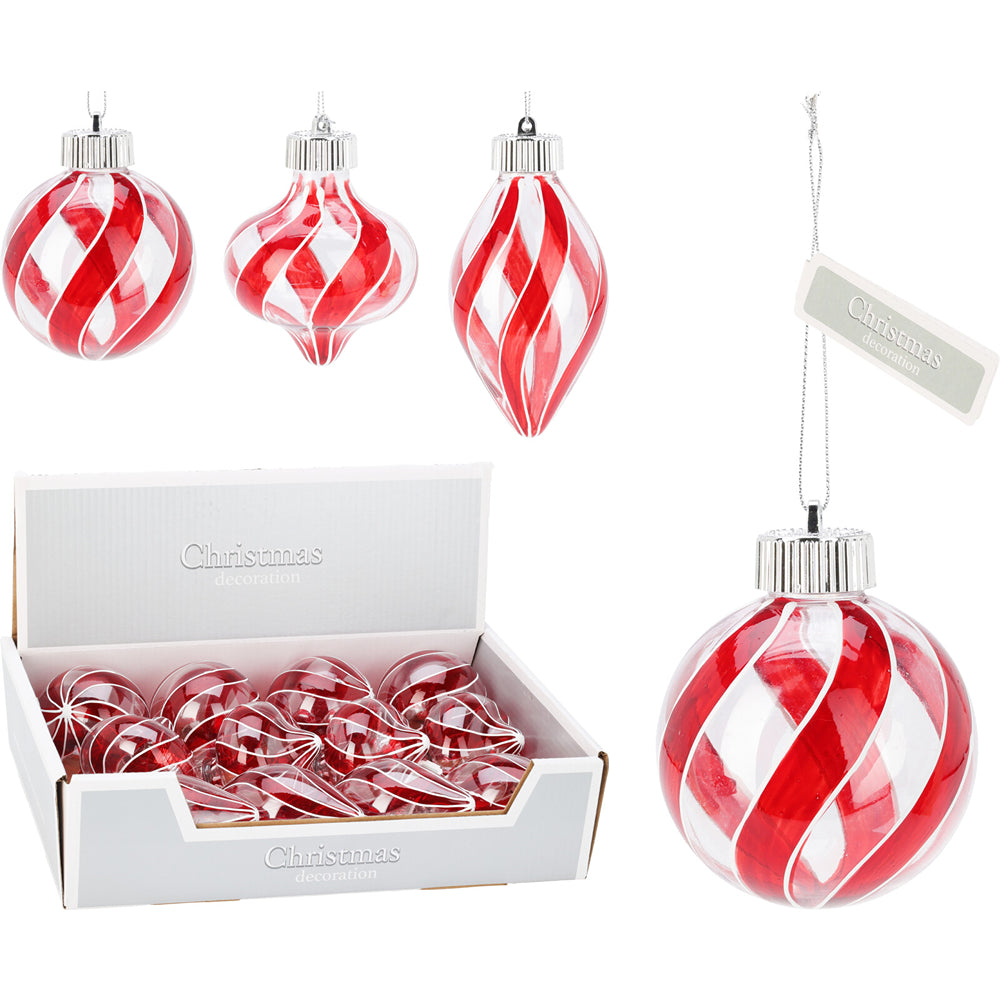 Christmas Red and White Spiral Stripe Tree Bauble | 8cm, Hanging Cord