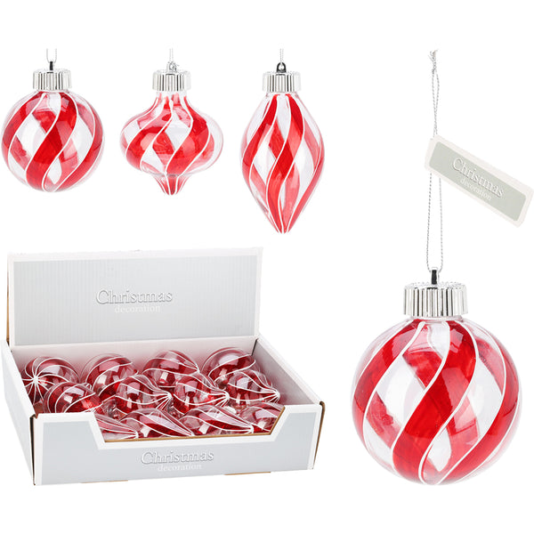 Christmas Red and White Spiral Stripe Tree Bauble | 8cm, Hanging Cord