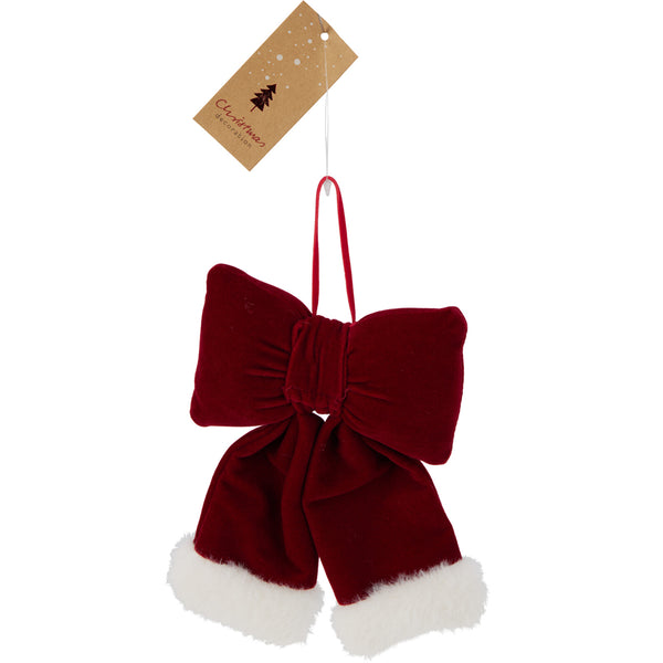Christmas Red Velvet Bow Hanging Decoration | 14 x 10cm, White Fur Trim