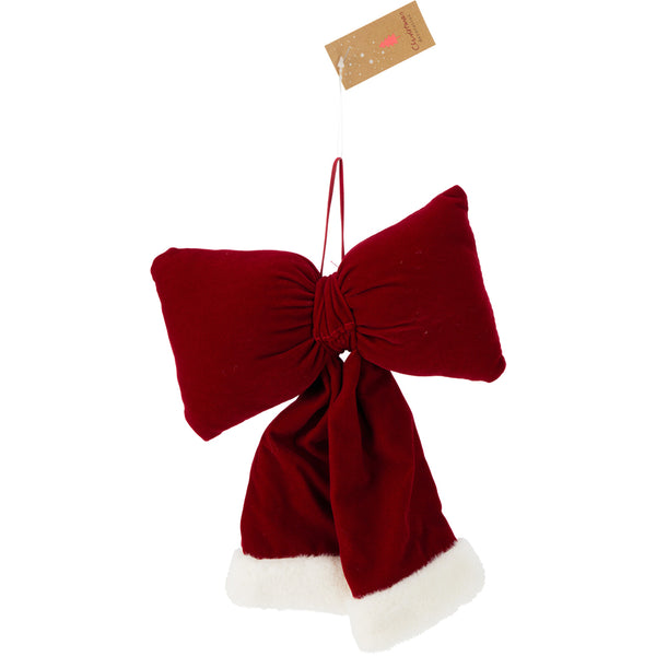 Christmas Red Plush Oversized Bow | 22 x 20cm, White Fluffy Trim, Hanging Loop