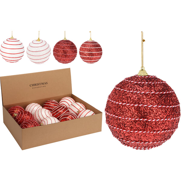 Christmas Red and White Glitter Tree Bauble | 10cm, Candy Cane Stripe