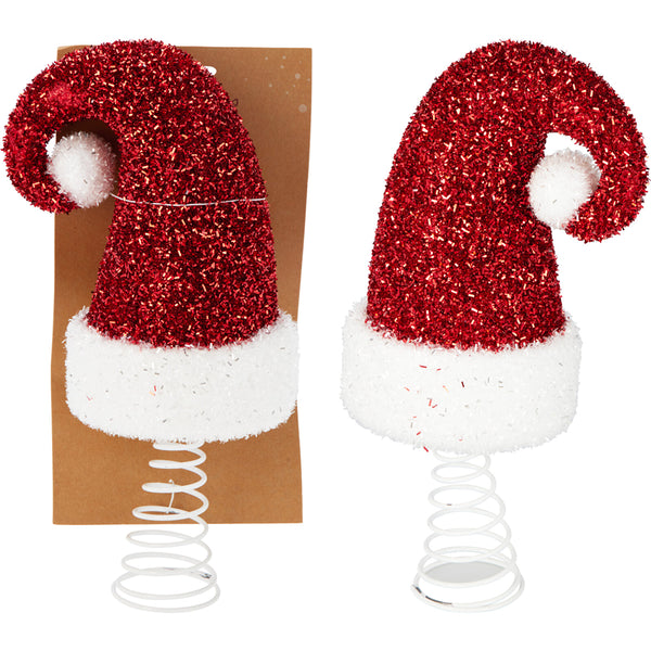 Christmas Red Glitter Santa Hat Tree Topper | 11 x 29cm, Coil Base, White Pompom
