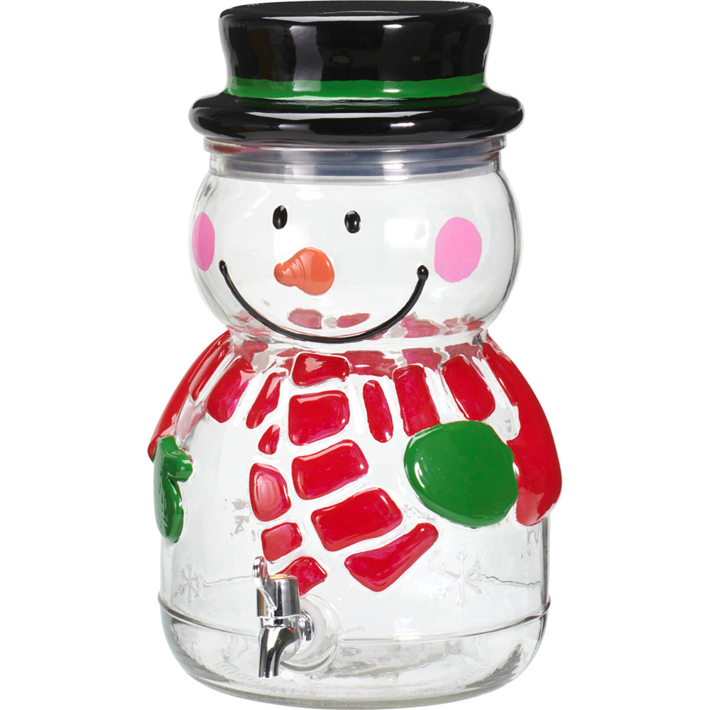 Christmas Snowman Glass Beverage Dispenser | Hat-Shaped Lid, Built-in Spigot