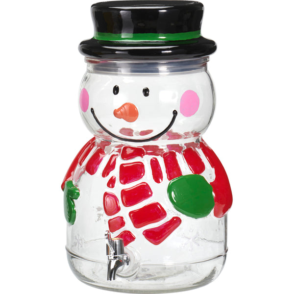 Christmas Snowman Glass Beverage Dispenser | Hat-Shaped Lid, Built-in Spigot