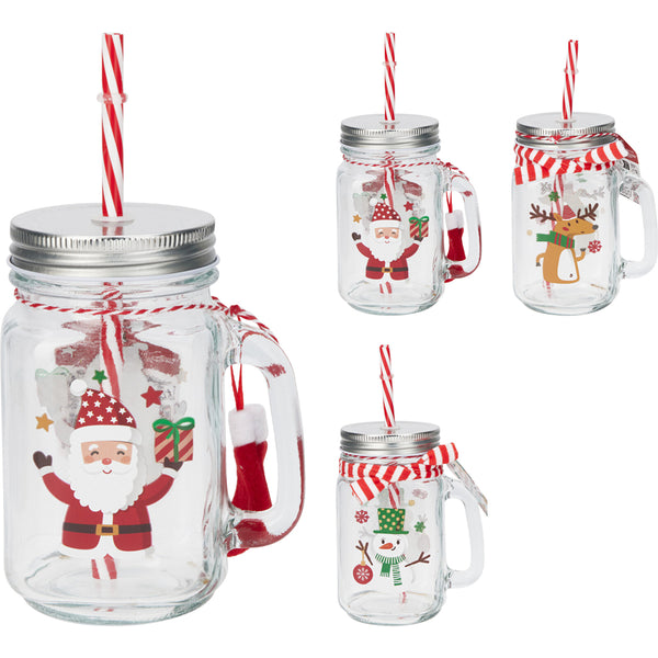 Christmas Festive Mason Jar Mug with Straw | 450ml, Screw-On Lid