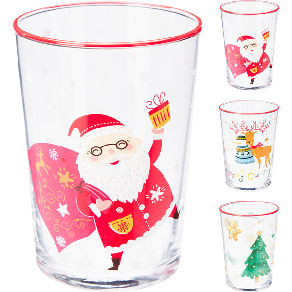 Christmas Festive Drinking Glass Tumbler | 510ml, Red Rim, Assorted Designs