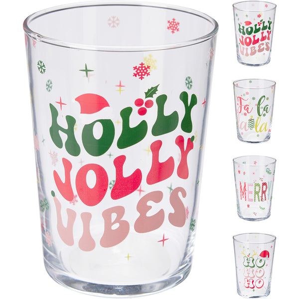 Christmas Festive Slogan Clear Drinking Glass | 510ml, Assorted Designs