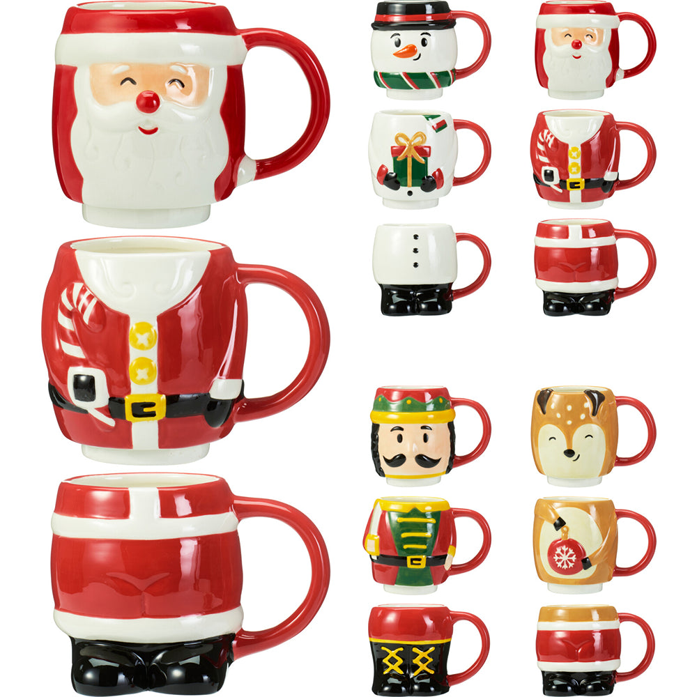 Christmas Festive Character Mugs | Set of 4, 3D Sculpted, Assorted Designs