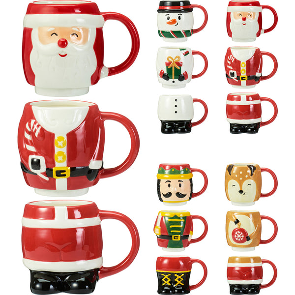 Christmas Festive Character Mugs | Set of 4, 3D Sculpted, Assorted Designs