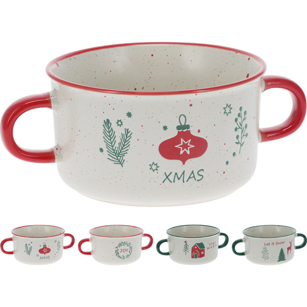 Christmas Double-Handled Stoneware Soup Mug | Festive Motifs, Speckled Finish